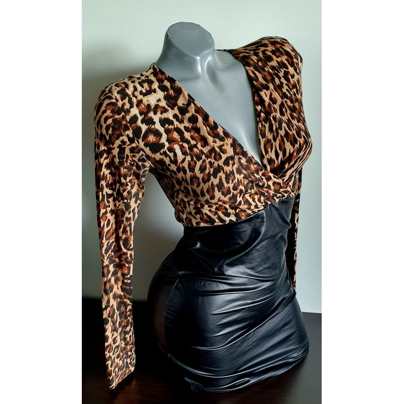 Elastické sexy Leopard šaty s koženkou