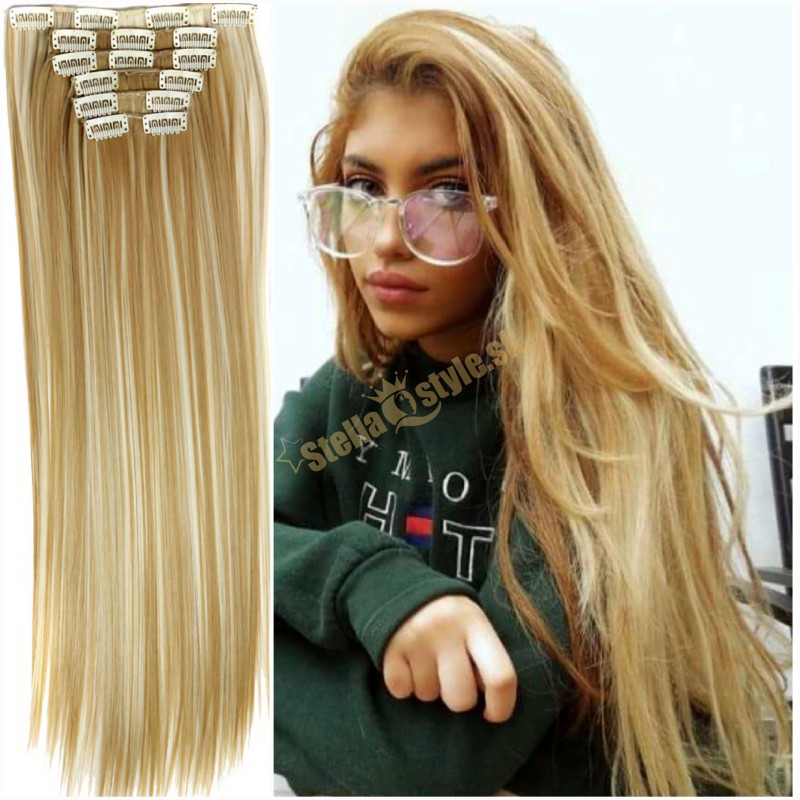 Clip in 7-dielna sada rovné na predlžovanie a zahustenie vlasov 777 / 27H613 prírodný blond melír